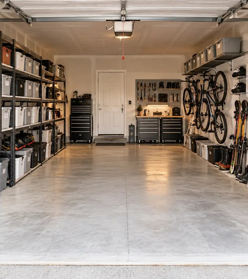 After: the same garage with labeled bins on shelving, bikes and skis on the right wall, a workbench zone and a clear floor
